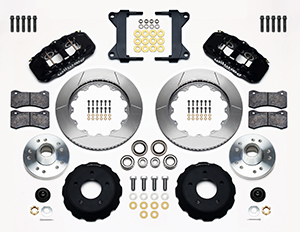 Wilwood AERO6 Big Brake Front Brake Kit Parts Laid Out - Black Powder Coat Caliper - GT Slotted Rotor