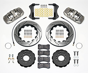 Wilwood AERO6 Big Brake Front Brake Kit Parts Laid Out - Nickel Plate Caliper - SRP Drilled & Slotted Rotor