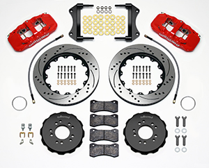 Wilwood AERO6 Big Brake Front Brake Kit Parts Laid Out - Red Powder Coat Caliper - SRP Drilled & Slotted Rotor