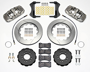 Wilwood AERO6 Big Brake Front Brake Kit Parts Laid Out - Nickel Plate Caliper - GT Slotted Rotor