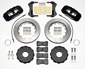 Wilwood AERO6 Big Brake Front Brake Kit Parts Laid Out - Black Powder Coat Caliper - GT Slotted Rotor