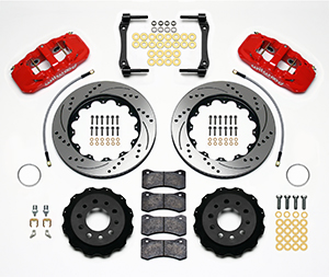 Wilwood AERO4 Big Brake Rear Brake Kit For OE Parking Brake Parts Laid Out - Red Powder Coat Caliper - SRP Drilled & Slotted Rotor