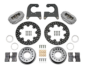 Wilwood Forged Dynalite Rear Drag Brake Kit Parts Laid Out - Type III Anodize Caliper - Drilled Rotor