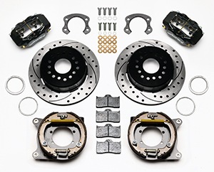 Wilwood Forged Dynalite Rear Parking Brake Kit Parts Laid Out - Black Powder Coat Caliper - SRP Drilled & Slotted Rotor