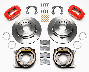 Wilwood Forged Dynalite Rear Parking Brake Kit Parts Laid Out - Red Powder Coat Caliper - Plain Face Rotor