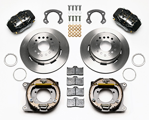 Wilwood Forged Dynalite Rear Parking Brake Kit Parts Laid Out - Black Powder Coat Caliper - Plain Face Rotor