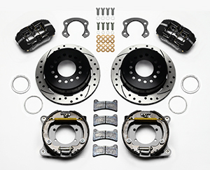 Wilwood Forged Dynapro Low-Profile Rear Parking Brake Kit Parts Laid Out - Black Powder Coat Caliper - SRP Drilled & Slotted Rotor