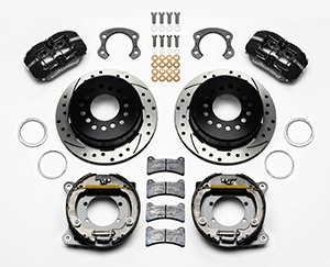 Wilwood Forged Dynapro Low-Profile Rear Parking Brake Kit Parts Laid Out - Black Powder Coat Caliper - SRP Drilled & Slotted Rotor