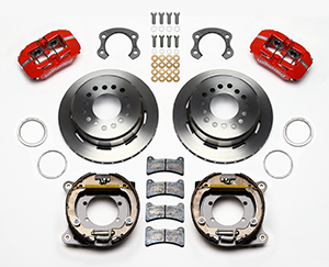 Wilwood Forged Dynapro Low-Profile Rear Parking Brake Kit Parts Laid Out - Red Powder Coat Caliper - Plain Face Rotor