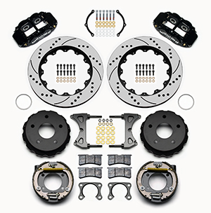 Wilwood Forged Narrow Superlite 4R Big Brake Rear Parking Brake Kit Parts Laid Out - Black Powder Coat Caliper - SRP Drilled & Slotted Rotor