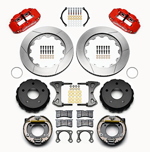 Wilwood Forged Narrow Superlite 4R Big Brake Rear Parking Brake Kit Parts Laid Out - Red Powder Coat Caliper - GT Slotted Rotor