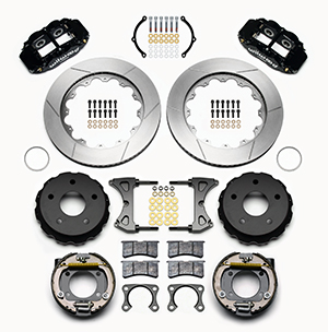 Wilwood Forged Narrow Superlite 4R Big Brake Rear Parking Brake Kit Parts Laid Out - Black Powder Coat Caliper - GT Slotted Rotor