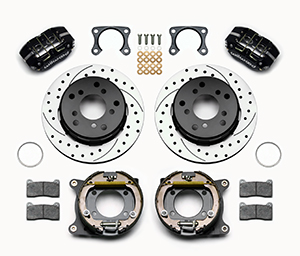 Wilwood Dynapro Lug Mount Rear Parking Brake Kit Parts Laid Out - Black Powder Coat Caliper - SRP Drilled & Slotted Rotor