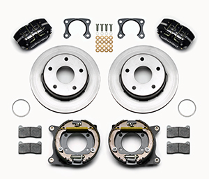 Wilwood Dynapro Lug Mount Rear Parking Brake Kit Parts Laid Out - Black Powder Coat Caliper - Plain Face Rotor