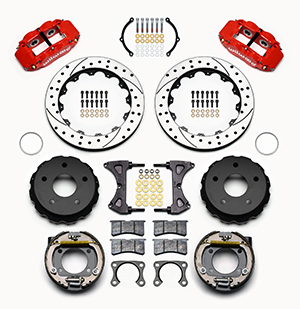 Wilwood Forged Narrow Superlite 4R Big Brake Rear Parking Brake Kit Parts Laid Out - Red Powder Coat Caliper - SRP Drilled & Slotted Rotor