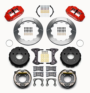 Wilwood Forged Narrow Superlite 4R Big Brake Rear Parking Brake Kit Parts Laid Out - Red Powder Coat Caliper - GT Slotted Rotor