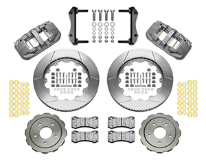 Wilwood AERO6 Big Brake Front Brake Kit (Race) Parts Laid Out - Type III Anodize Caliper - GT Slotted Rotor