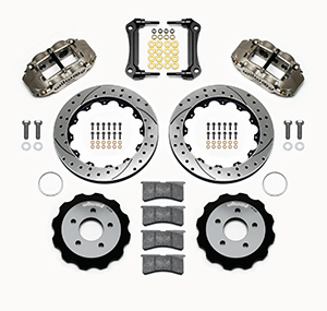 Wilwood Forged Narrow Superlite 6R Big Brake Front Brake Kit (Hat) Parts Laid Out - Nickel Plate Caliper - SRP Drilled & Slotted Rotor