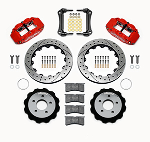 Wilwood Forged Narrow Superlite 6R Big Brake Front Brake Kit (Hat) Parts Laid Out - Red Powder Coat Caliper - SRP Drilled & Slotted Rotor