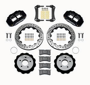 Wilwood Forged Narrow Superlite 6R Big Brake Front Brake Kit (Hat) Parts Laid Out - Black Powder Coat Caliper - SRP Drilled & Slotted Rotor