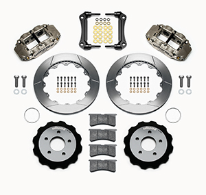 Wilwood Forged Narrow Superlite 6R Big Brake Front Brake Kit (Hat) Parts Laid Out - Nickel Plate Caliper - GT Slotted Rotor