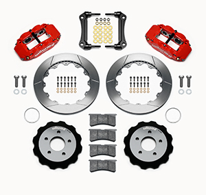 Wilwood Forged Narrow Superlite 6R Big Brake Front Brake Kit (Hat) Parts Laid Out - Red Powder Coat Caliper - GT Slotted Rotor