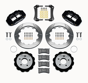 Wilwood Forged Narrow Superlite 6R Big Brake Front Brake Kit (Hat) Parts Laid Out - Black Powder Coat Caliper - GT Slotted Rotor