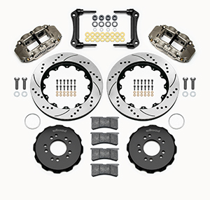 Wilwood Forged Narrow Superlite 6R Big Brake Front Brake Kit (Hat) Parts Laid Out - Nickel Plate Caliper - SRP Drilled & Slotted Rotor