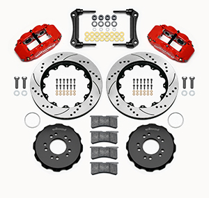 Wilwood Forged Narrow Superlite 6R Big Brake Front Brake Kit (Hat) Parts Laid Out - Red Powder Coat Caliper - SRP Drilled & Slotted Rotor