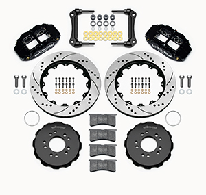 Wilwood Forged Narrow Superlite 6R Big Brake Front Brake Kit (Hat) Parts Laid Out - Black Powder Coat Caliper - SRP Drilled & Slotted Rotor