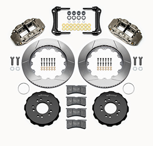 Wilwood Forged Narrow Superlite 6R Big Brake Front Brake Kit (Hat) Parts Laid Out - Nickel Plate Caliper - GT Slotted Rotor