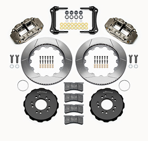 Wilwood Forged Narrow Superlite 6R Big Brake Front Brake Kit (Hat) Parts Laid Out - Nickel Plate Caliper - GT Slotted Rotor