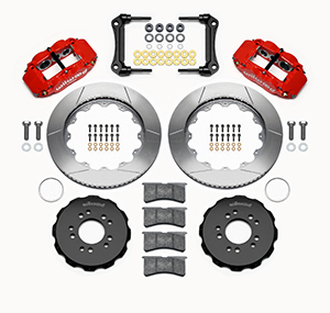 Wilwood Forged Narrow Superlite 6R Big Brake Front Brake Kit (Hat) Parts Laid Out - Red Powder Coat Caliper - GT Slotted Rotor