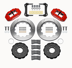 Wilwood Forged Narrow Superlite 6R Big Brake Front Brake Kit (Hat) Parts Laid Out - Red Powder Coat Caliper - GT Slotted Rotor