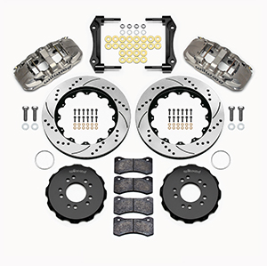Wilwood AERO6 Big Brake Front Brake Kit Parts Laid Out - Nickel Plate Caliper - SRP Drilled & Slotted Rotor