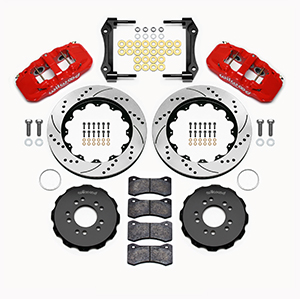 Wilwood AERO6 Big Brake Front Brake Kit Parts Laid Out - Red Powder Coat Caliper - SRP Drilled & Slotted Rotor