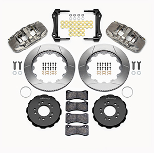 Wilwood AERO6 Big Brake Front Brake Kit Parts Laid Out - Nickel Plate Caliper - GT Slotted Rotor