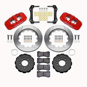 Wilwood AERO6 Big Brake Front Brake Kit Parts Laid Out - Red Powder Coat Caliper - GT Slotted Rotor