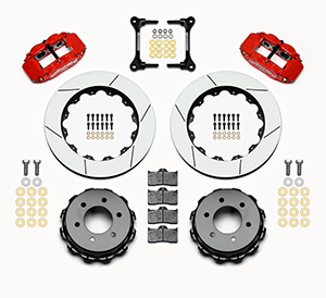 Wilwood Forged Narrow Superlite 6R Big Brake Rear Brake Kit For OE Parking Brake Parts Laid Out - Red Powder Coat Caliper - GT Slotted Rotor