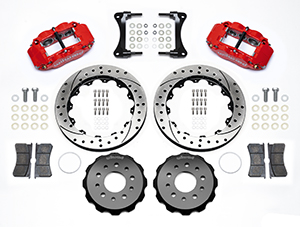 Wilwood Forged Narrow Superlite 6R Big Brake Front Brake Kit (Hat) Parts Laid Out - Red Powder Coat Caliper - SRP Drilled & Slotted Rotor