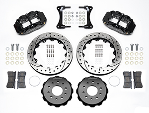 Wilwood Forged Narrow Superlite 6R Big Brake Front Brake Kit (Hat) Parts Laid Out - Black Powder Coat Caliper - SRP Drilled & Slotted Rotor