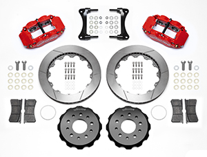 Wilwood Forged Narrow Superlite 6R Big Brake Front Brake Kit (Hat) Parts Laid Out - Red Powder Coat Caliper - GT Slotted Rotor