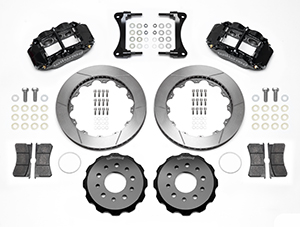 Wilwood Forged Narrow Superlite 6R Big Brake Front Brake Kit (Hat) Parts Laid Out - Black Powder Coat Caliper - GT Slotted Rotor