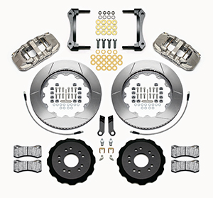 Wilwood AERO6 Big Brake Front Brake Kit (Race) Parts Laid Out - Nickel Plate Caliper - GT Slotted Rotor