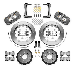 Wilwood AERO6 Big Brake Front Brake Kit (Race) Parts Laid Out - Type III Anodize Caliper - GT Slotted Rotor