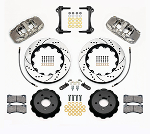 Wilwood AERO6 Big Brake Front Brake Kit Parts Laid Out - Nickel Plate Caliper - SRP Drilled & Slotted Rotor