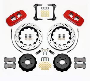 Wilwood AERO6 Big Brake Front Brake Kit Parts Laid Out - Red Powder Coat Caliper - SRP Drilled & Slotted Rotor