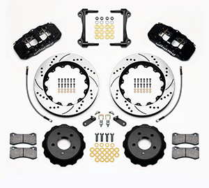 Wilwood AERO6 Big Brake Front Brake Kit Parts Laid Out - Black Powder Coat Caliper - SRP Drilled & Slotted Rotor