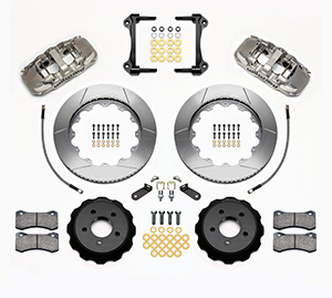 Wilwood AERO6 Big Brake Front Brake Kit Parts Laid Out - Nickel Plate Caliper - GT Slotted Rotor