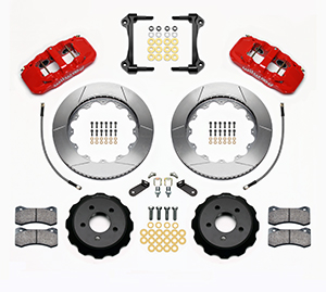 Wilwood AERO6 Big Brake Front Brake Kit Parts Laid Out - Red Powder Coat Caliper - GT Slotted Rotor